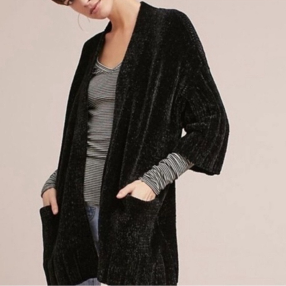 Anthropologie‎ Moth Chenille Cardigan XS Soft Cozy Oversized Black Sweater